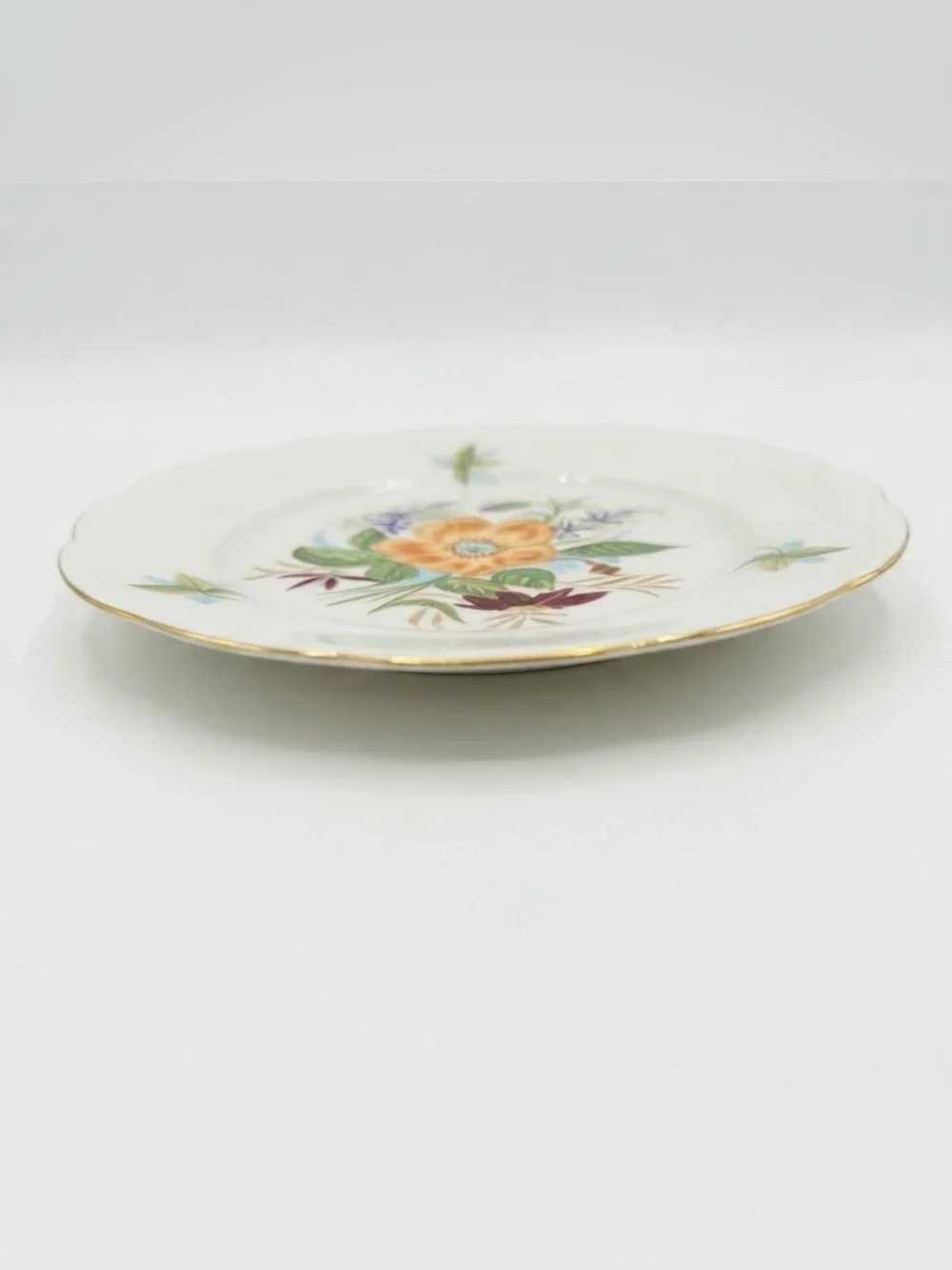 7.5” Vintage Ćmielów Poland Porcelain Floral Dessert Plates (Set of 5) Gold Rim